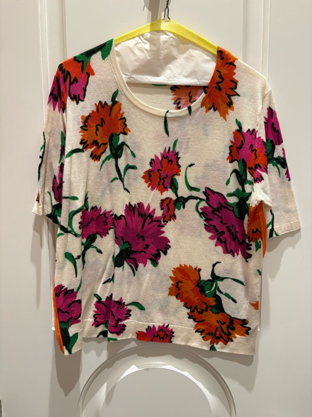 Escada Cream Floral Short-Sleeve Knit Top with Pink & Orange Blooms